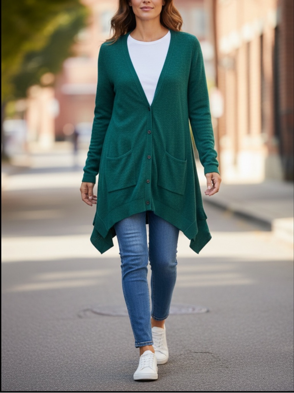 Free People Relaxed Fit Button Front Long Line Shark Bite Cardigan Green